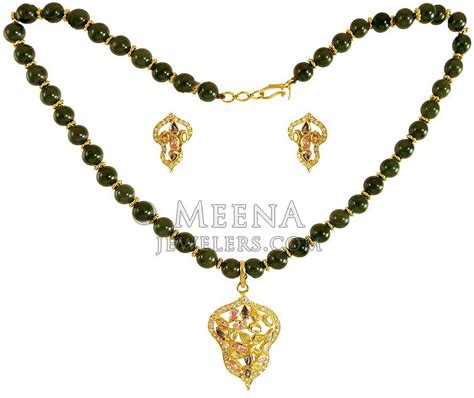 22K Gold Necklace set - StGd21942 - 22K Gold necklace set.Entire set is designed with jade balls ...