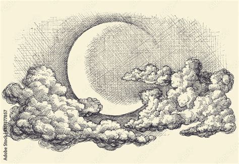 Night sky vector, moon in the clouds hand drawing Stock Vector | Adobe ...