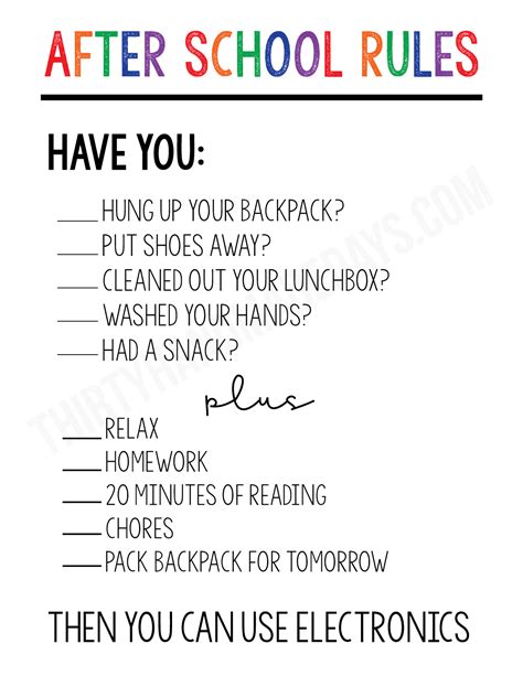 Free Printable After School Checklist After School