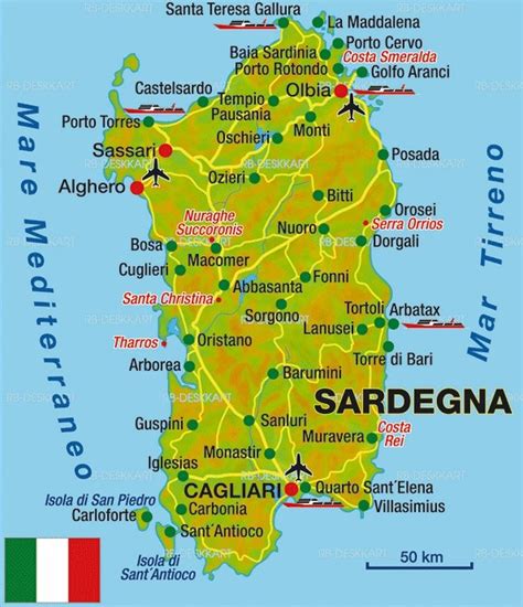 A detailed Map of Sardinia in Italy, showing main cities, villages ...