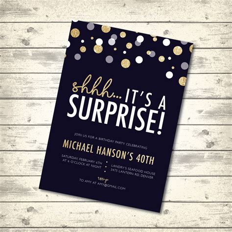 Surprise Birthday Party Invitation Gold Confetti Navy