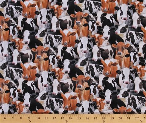 Cotton Farm Animals Packed Cows Cow Holstein Cotton Fabric Print by the ...