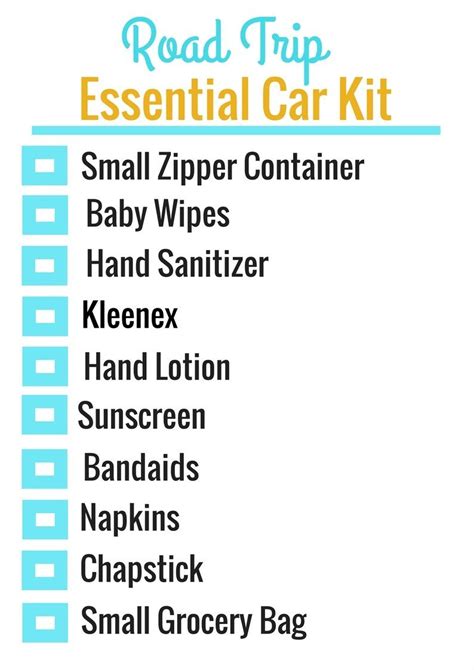 Road Trip Car Essential Kit. A list of the important items to take on a road trip. www ...