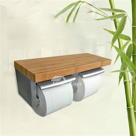 Wood Double Toilet Paper Holder With Shelf Wood ABS