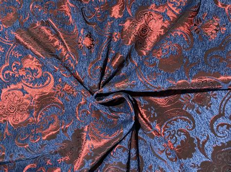 NEW Designer Damask Burnout Chenille Velvet Fabric - Blue & Metallic Red BTY | www ...