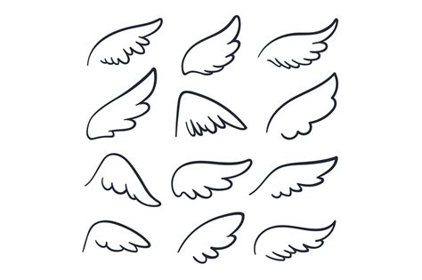 Cartoon angel wings. Winged doodle sketch icons. Angels and bird vecto ...