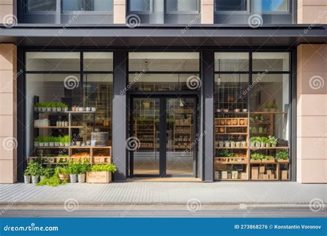 Modern Grocery Store Exterior Featuring Large Window Display and Contemporary Interior. Front ...