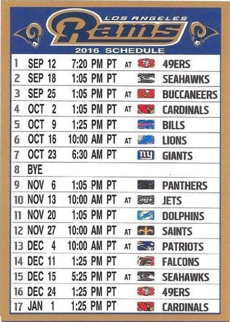 NEW LOS ANGELES RAMS 2016 PACIFIC TIME NFL SCHEDULE FRIDGE MAGNET # ...