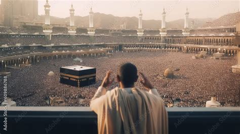 Muslim man praying with view of Kaaba in Mecca and crowd of Muslims, Generative AI Stock ...