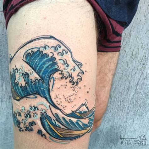 The great wave of kanagawa thigh tattoo - Tattoogrid.net