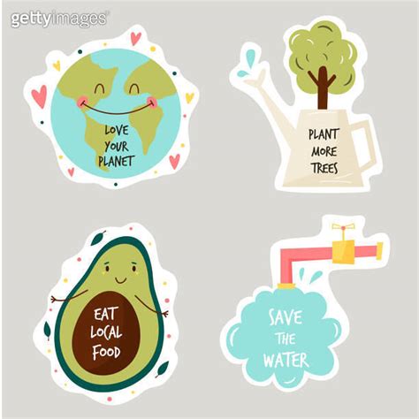 Set of colorful stickers with eco friendly slogans and illustrations. 이미지 (1255990563) - 게티이미지뱅크