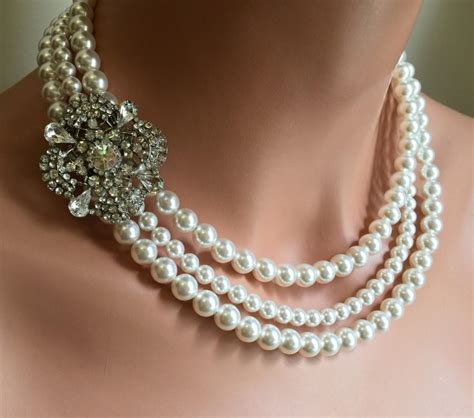 Bridal Pearl Brooch Necklace Set 3 Multi Strands Of Swarovski Pearls Bridesmaid Wedding Jewelry ...