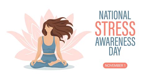 National Stress Awareness Day banner. Woman in yoga lotus position, lotus flower and text ...