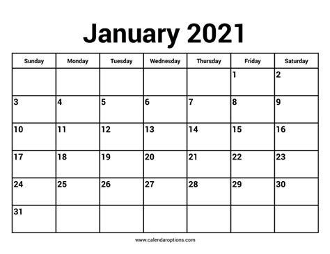 January 2021 Calendar – Calendar Options