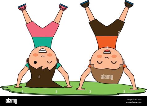 cartoon happy kids standing upside down in the grass over white background, vector illustration ...