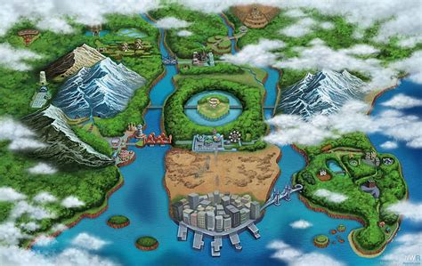 Mapa de pokemon, agua, ciudades, mapa, pokemon, nubes, pueblos, hierba ...