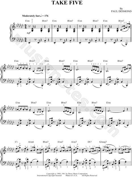 Dave Brubeck "Take Five" Sheet Music in Eb Minor (transposable ...