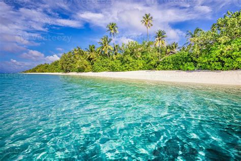 Maldives islands ocean tropical beach. Exotic sea lagoon, palm trees over white sand. Idyllic ...