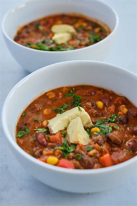 vegetarian chili in white bowls