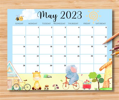 Editable may 2023 calendar happy spring w cute animals bicycles mother s day planner printable ...