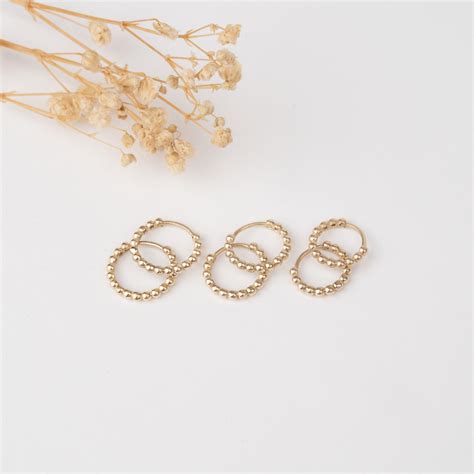 14k Gold Beaded Huggies Solid Gold Mini Hoops Small Plain - Etsy