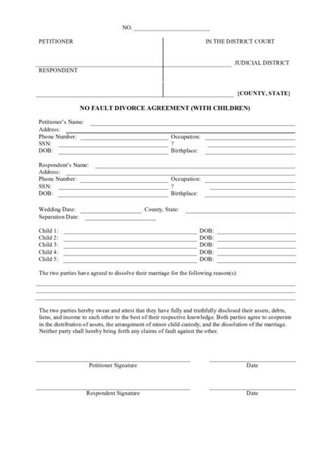 No Fault Divorce Agreement Template (With Children) printable pdf download