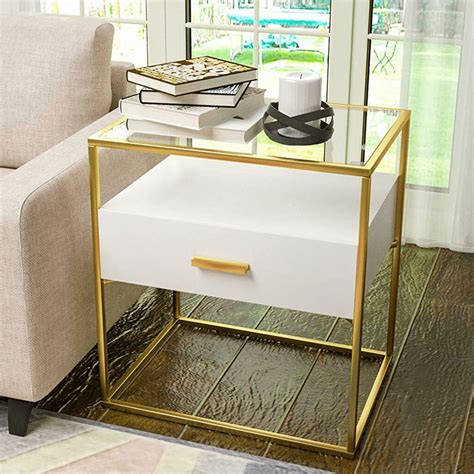 Mecor Gold Accent Table,End Table with Drawer Storage,Metal Square Side ...