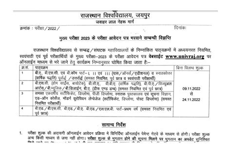 Rajasthan University Main Exam Form 2023 Regular/Private Student राजस्थान यूनिवर्सिटी मुख्य ...