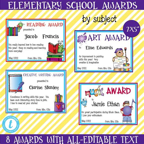 SCHOOL AWARD CERTIFICATES-8 Different Subjects-all 7x5-editable Text-perfect for Teachers of ...