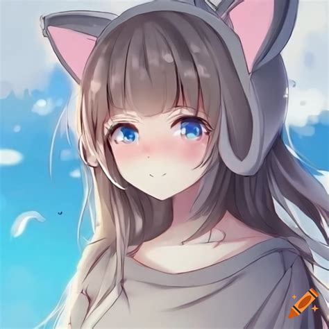 Anime girl with cat ears, blue eyes, shoulder exposed, grey sweater, bangs over right eye, two ...