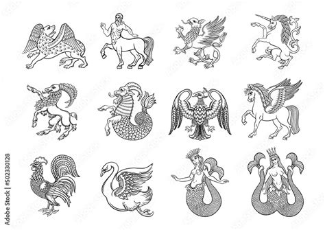 Heraldic mythical animals and creatures. Traditional character styles ...