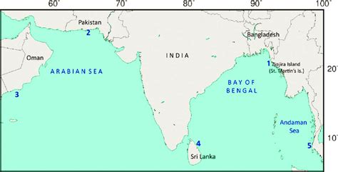 Map of northern Indian Ocean with collection localities: 1) Zinjira ...