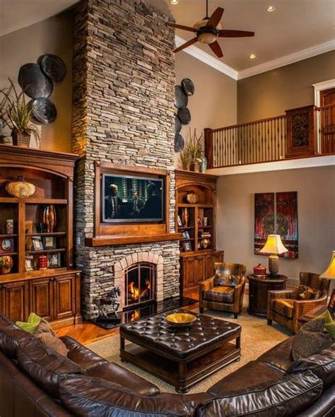 Rustic Living Room with Cathedral Ceilings and Fireplace