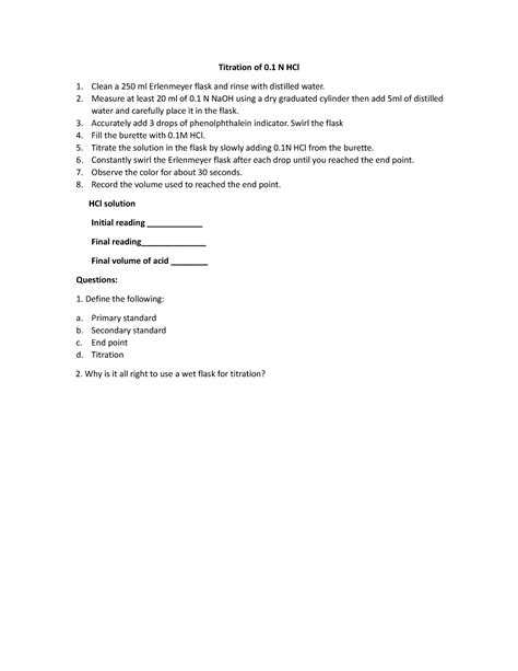 Titration-of-HCl - NOTES - Titration of 0 N HCl Clean a 250 ml Erlenmeyer flask and rinse with ...