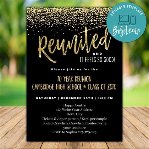 Printable Black and Gold Class Reunion Invitation Template DIY | Bobotemp