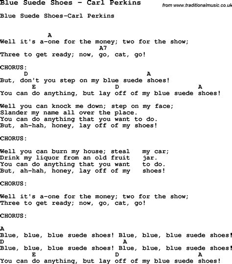 Song Blue Suede Shoes by Carl Perkins, song lyric for vocal performance plus accompaniment ...