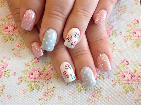 Acrylic nails with baby pink and blue, glitter dust and ro… | Flickr