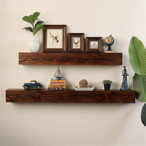 WELLAND 60 - Inch Fireplace Mantel Shelf, Real Wood Floating Wall Shelf, Walnut Color, Pinewood ...