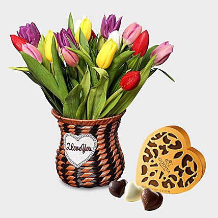 Online Vibrant Tulips and Godiva Chocolate Box Gift Delivery in UAE - FNP