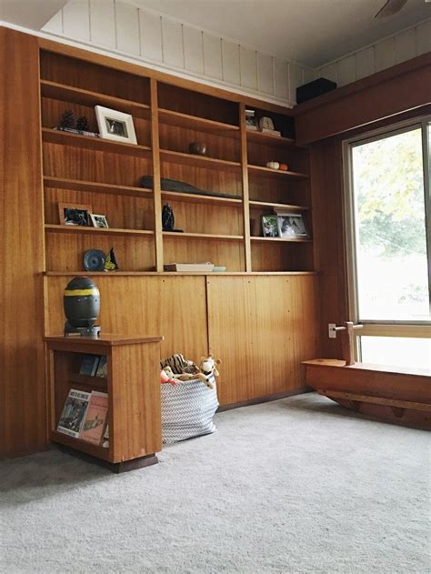 Cozy & Collected Mid-Century Modern Den: Embracing Dated, Original Wood ...