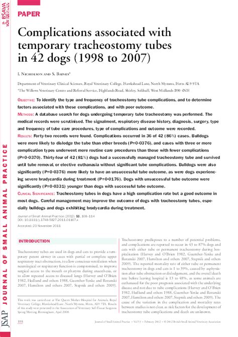 (PDF) Complications associated with temporary tracheostomy tubes in 42 dogs (1998 to 2007) | S ...