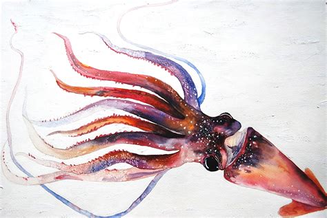 A Squid Original Oil and Watercolor Painting