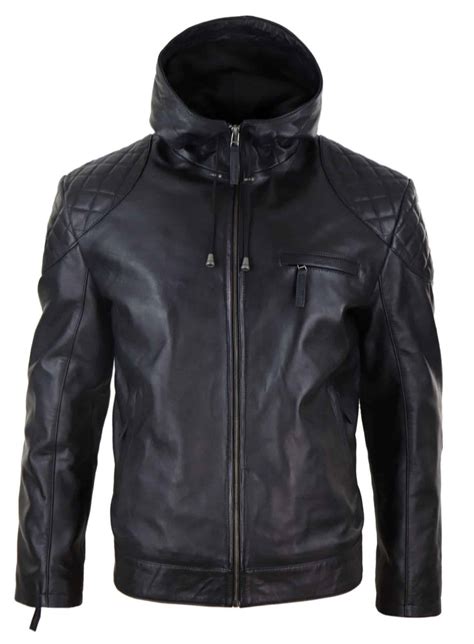 Mens Hooded Biker Leather Jacket - Black: Buy Online - Happy Gentleman