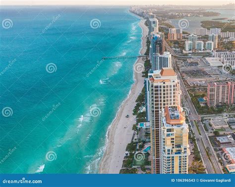 Amazing Sunset Aerial View of Miami Beach Skyline, Florida Stock Image ...