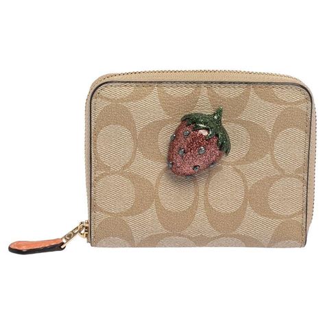 Coach Beige Signature Coated Canvas Strawberry Zip Around Wallet For ...