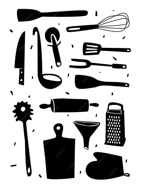 Premium Vector | Kitchen equipment collection in silhouette cooking utensil sketch style cutlery ...