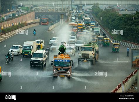 New Delhi, India. 23rd Nov, 2020. Anti smog gun vehicle sprays water on ...