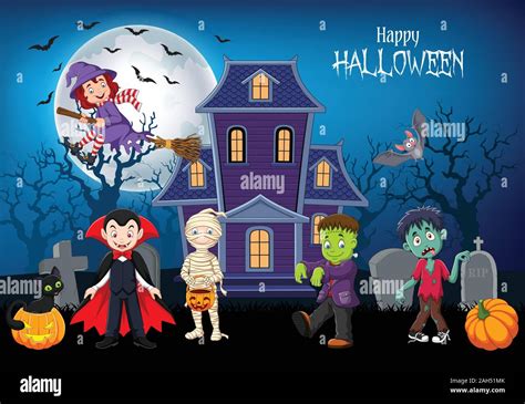 Cartoon happy kids with Halloween background Stock Vector Image & Art - Alamy