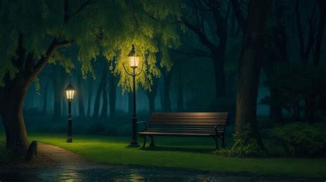 Premium AI Image | A Night in the Park Late Autumn Night in the Park Wood Benches and Park Alley ...