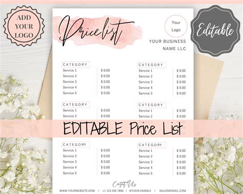 PRICE LIST Template Editable. Printable Price Sheet Price | Etsy